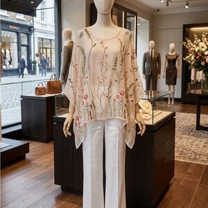 Kaktus Floral Embroidered Sheer Tunic - Cream and Multicolor